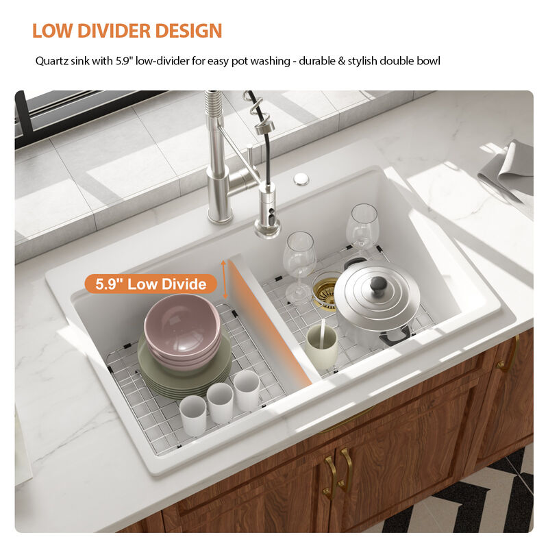 33x22x10 Inch White Granite Composite Workstation kitchen Sink Low Divide 50/50 Double Bowl Quartz Drop In Kitchen Sink