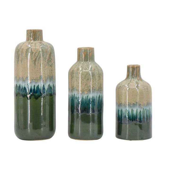 HomeRoots Set of Three Beige Blue And Green Round Ceramic Table Vase