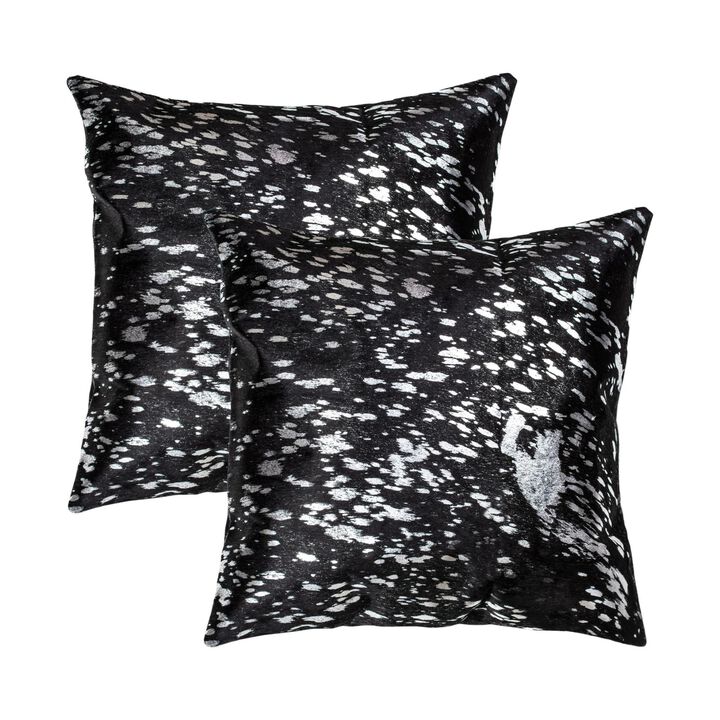 HomeRoots Set of Two 18" Black and Silver Abstract Cowhide Throw Pillows with Glitter