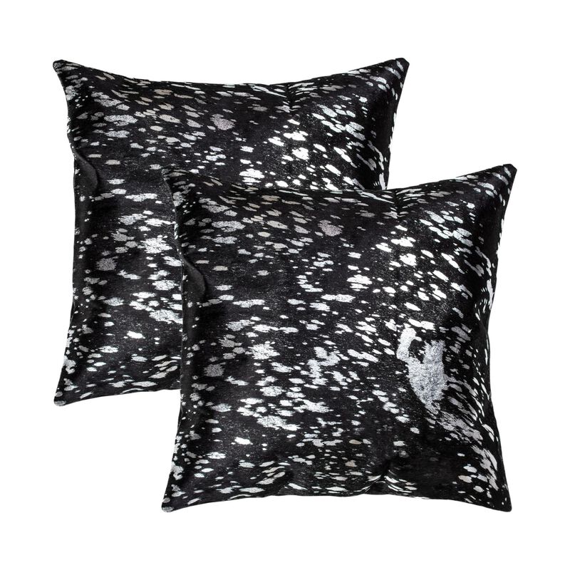 HomeRoots Set of Two 18" Black and Silver Abstract Cowhide Throw Pillows with Glitter image number 0