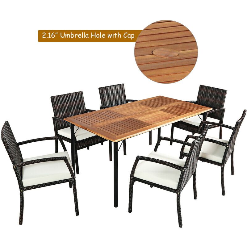 7Pcs Patio Rattan Cushioned Dining Set with Umbrella Hole image number 5