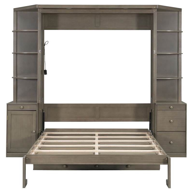 Merax Queen Murphy Bed with Desk, Storage Shelves and Cabinets image number 7
