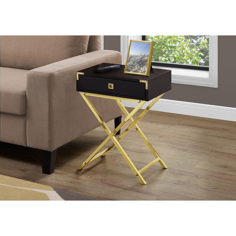 Monarch Specialties I 3556 Accent Table, Side, End, Nightstand, Lamp, Storage Drawer, Living Room, Bedroom, Metal, Laminate, Brown, Gold, Contemporary, Modern