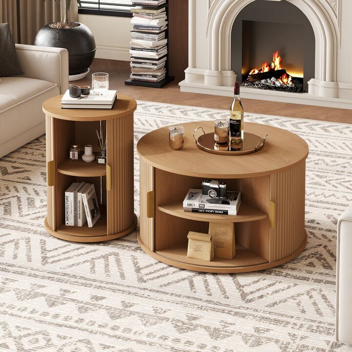 Clihome Mid-Century Round Coffee Table Set with Sliding Tambour Door Set of 2