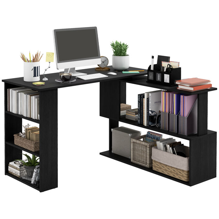 HOMCOM L Shaped Corner Desk, 360 Degree Rotating Home Office Desk with Storage Shelves, Writing Table Workstation, White