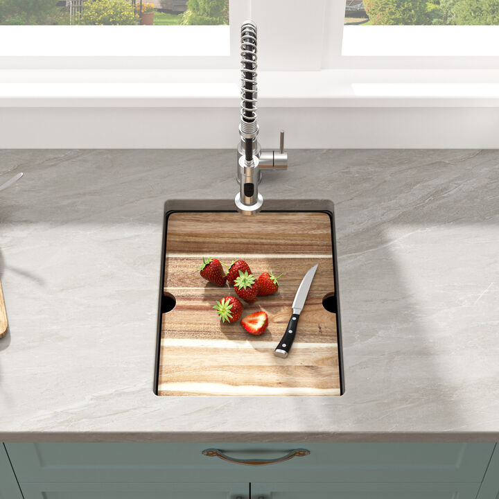 15 in. Undermount Single Bowl Workstation Black Quartz Composite Kitchen Sink Round Corner with Bottom Grid.