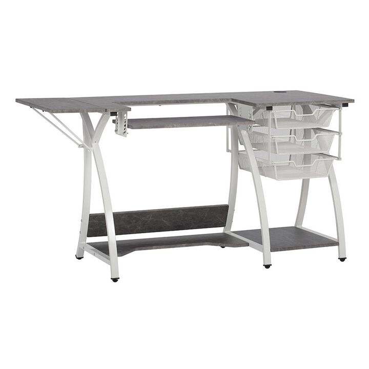 SD Studio Designs SD Pro Stitch Sewing, Hobby, Computer Table with Folding Shelf and Wire Baskets - White, Concrete