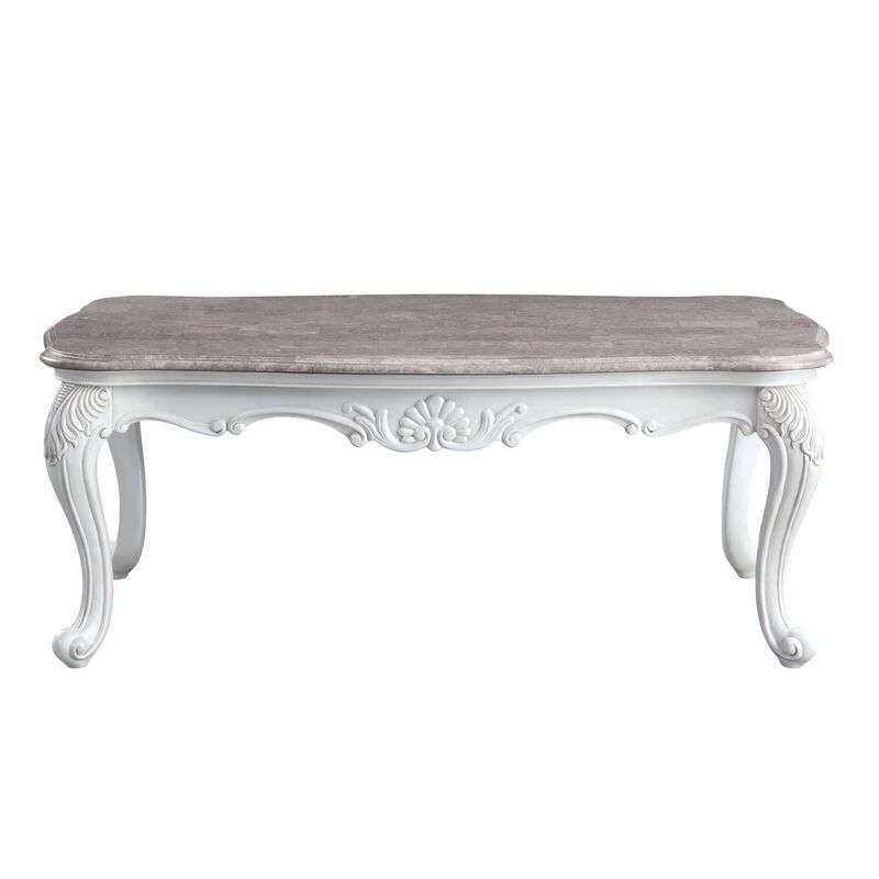 Coffee Table with Marble Top and Cabriole Legs, Antique White-Benzara