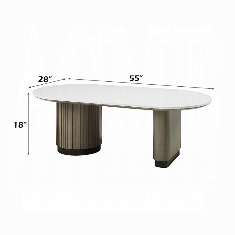 Jeh Coffee Table, 55 Inch White Oval Top, Dual Pedestal Base, Oak Brown image number 7