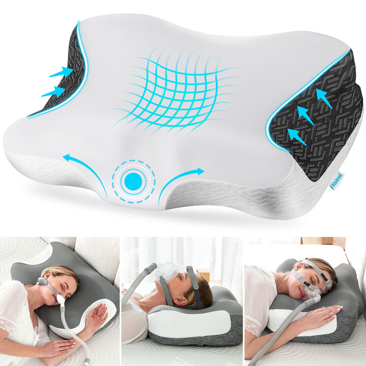 Elviros Cervical Neck Pillow for Neck Pain Relief, CPAP Pillow for Side, Back & Stomach Sleepers, Ergonomic Orthopedic Pillow for CPAP Users to Reduce Air Leaks and Mask Pressure, White