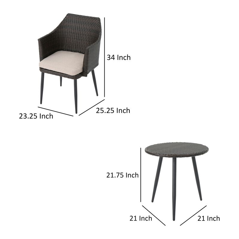 Kenny 3pc Outdoor Accent Chair Set, 1 Table, White, Brown Rattan, Iron