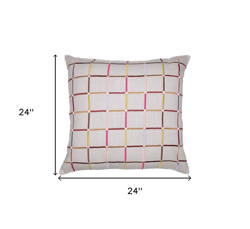 HomeRoots 24" White Check Cotton Blend Throw Pillow With Embroidery image number 6
