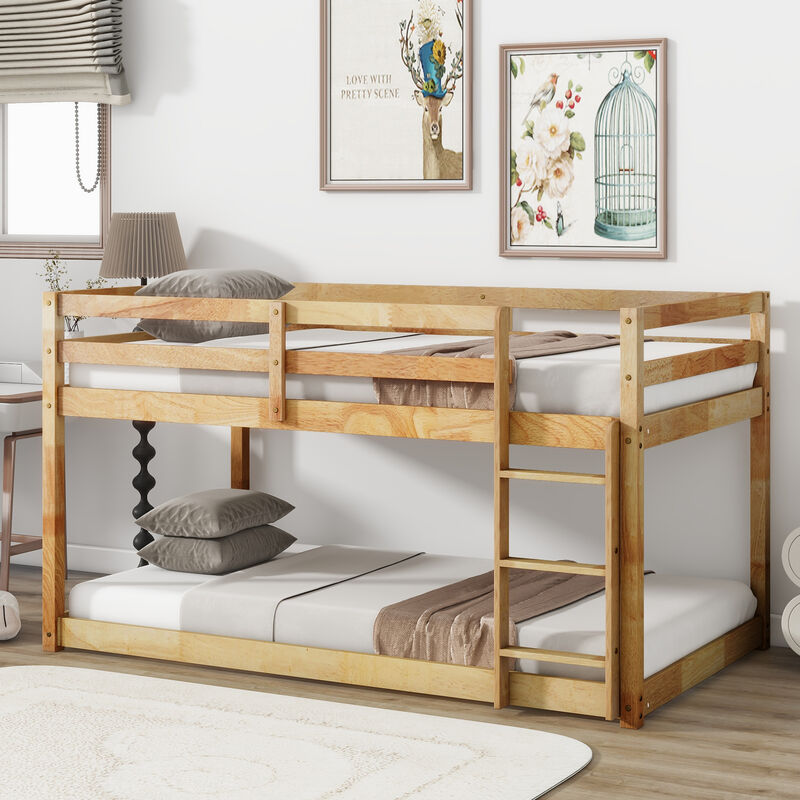 Whisen Twin over Twin Solid Rubber Wood Low-Profile Bunk Bed with Integrated Ladder and Reinforced Slat Platform image number 3