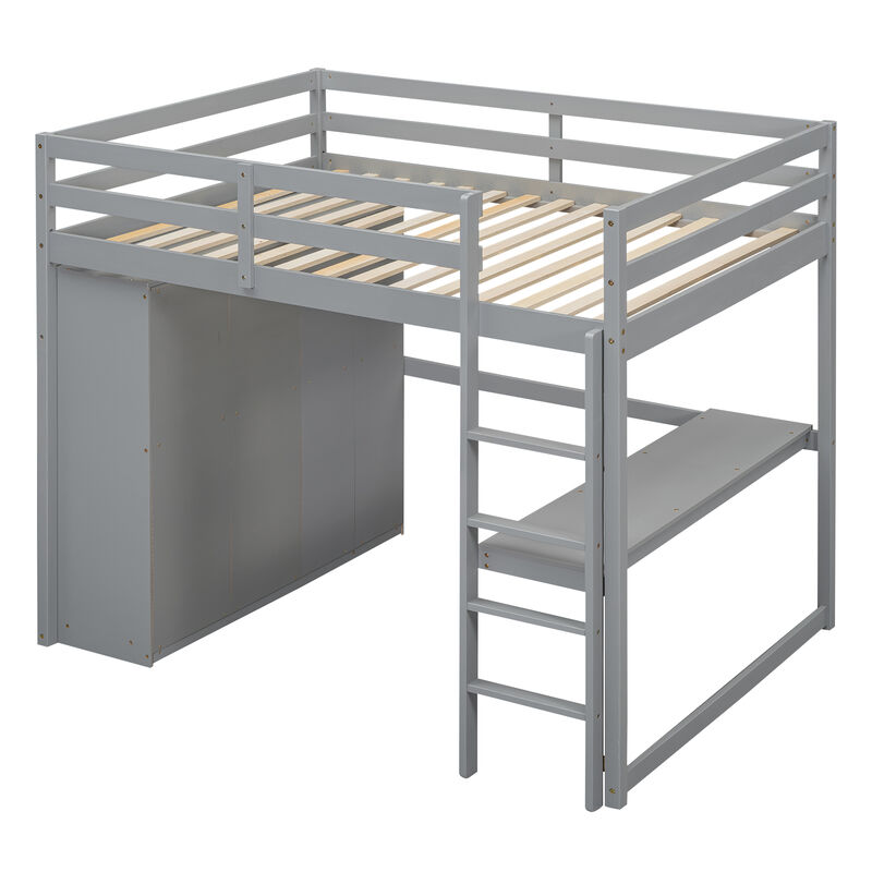 Whisen Wood Full Size Loft Bed with Built-in Wardrobe, Desk, Storage Shelves and Drawers- Grey
