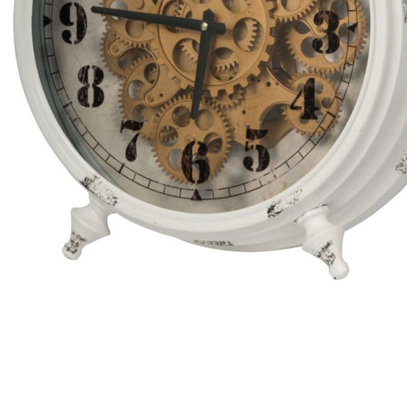 Classic Metal Table Clock with Gears Front and Distressed Details, White and Gold - Benzara