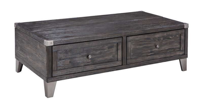 Wooden Lift Top Cocktail Table with 2 Drawers and Metal Accents, Gray