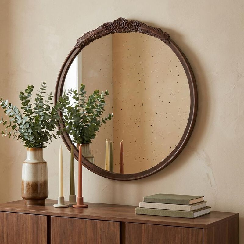 HomeRoots 30" Brown Crowned Top Antiqued Glass Framed Accent Mirror image number 1