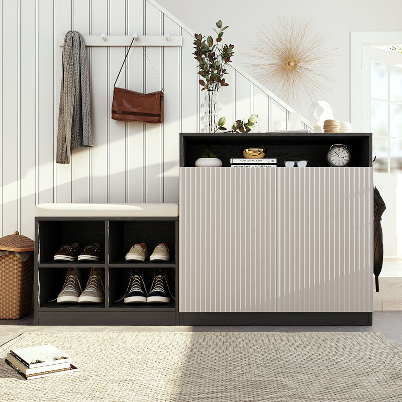 Merax Shoe Bench, 2 Doors and 3-Tier Adjustable Shelves, Entryway Bench with 4 Open Shoe Racks and Removeble Cushion image number 1