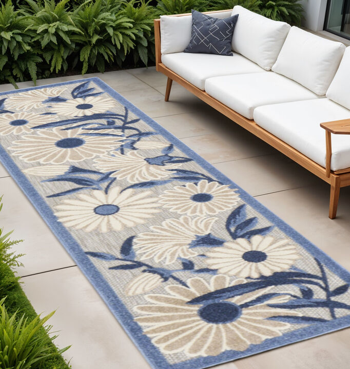 HomeRoots 8' Blue And Gray Floral Indoor Outdoor Runner Rug