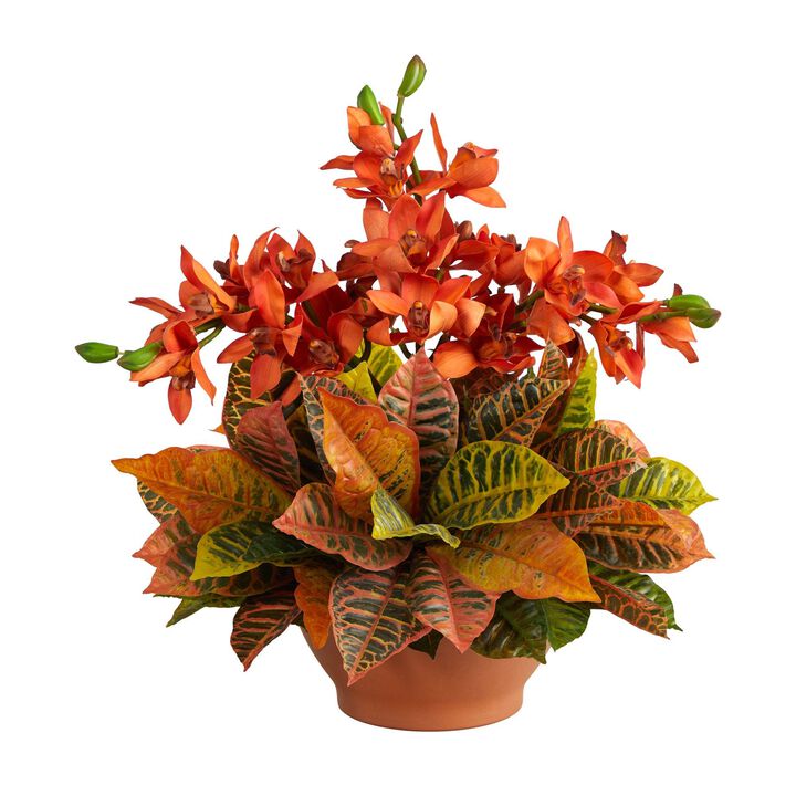 Nearly Natural 21-in Cymbidium Orchid and Croton Arrangement in Vase