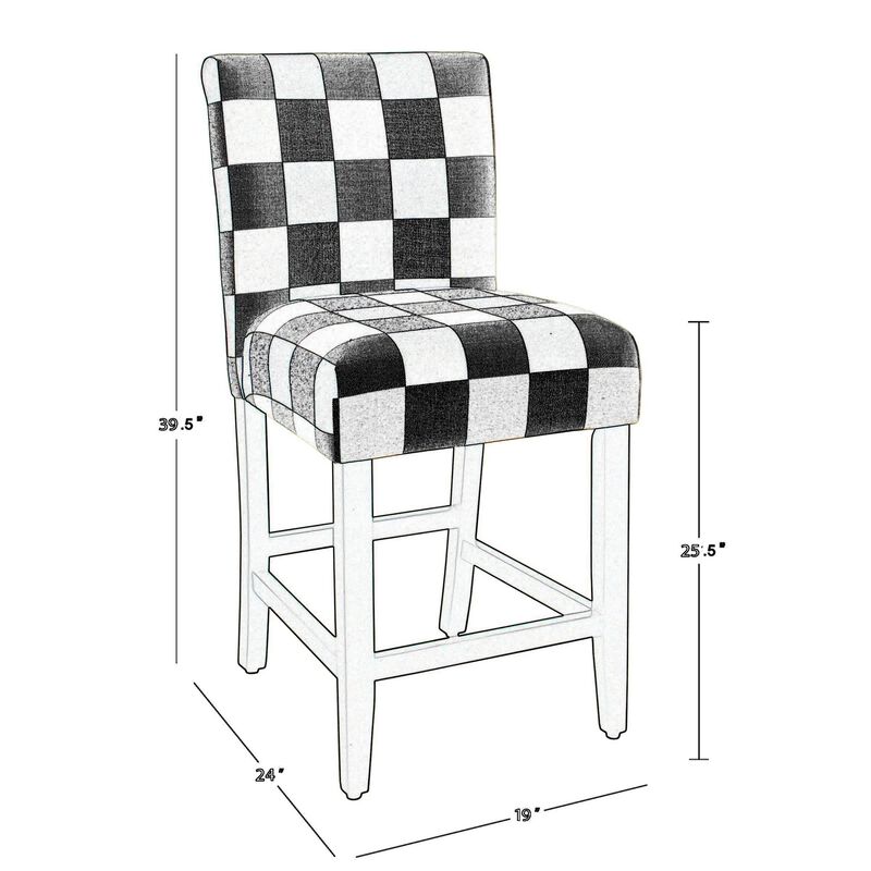 Wooden Counter Height Stool with Plaid Pattern Fabric Upholstery, Black and White image number 5