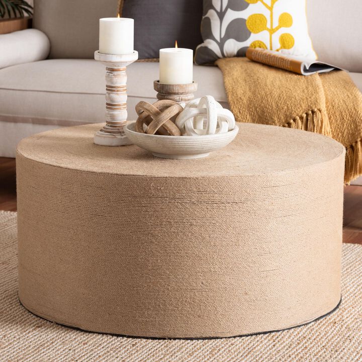 bali & pari Lapis Handwoven Jute Coffee Table - Boho Round Centerpiece with Natural Fiber Texture, Handcrafted Coastal Design for Living Room or Lounge Spaces