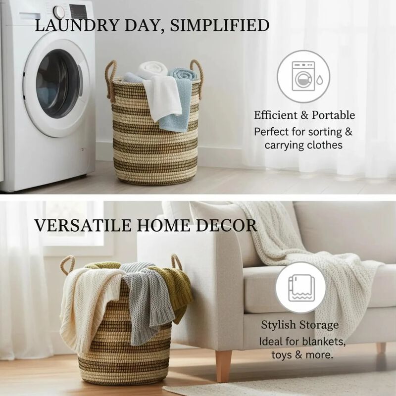 Kans Grass Cylindrical Laundry Basket with Handles & Lid image number 5