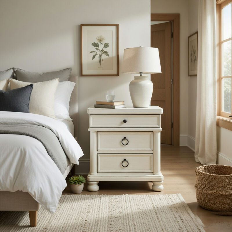 Rowy Bedside Nightstand, 3 Drawers with Pewter Knobs, Antique White image number 8