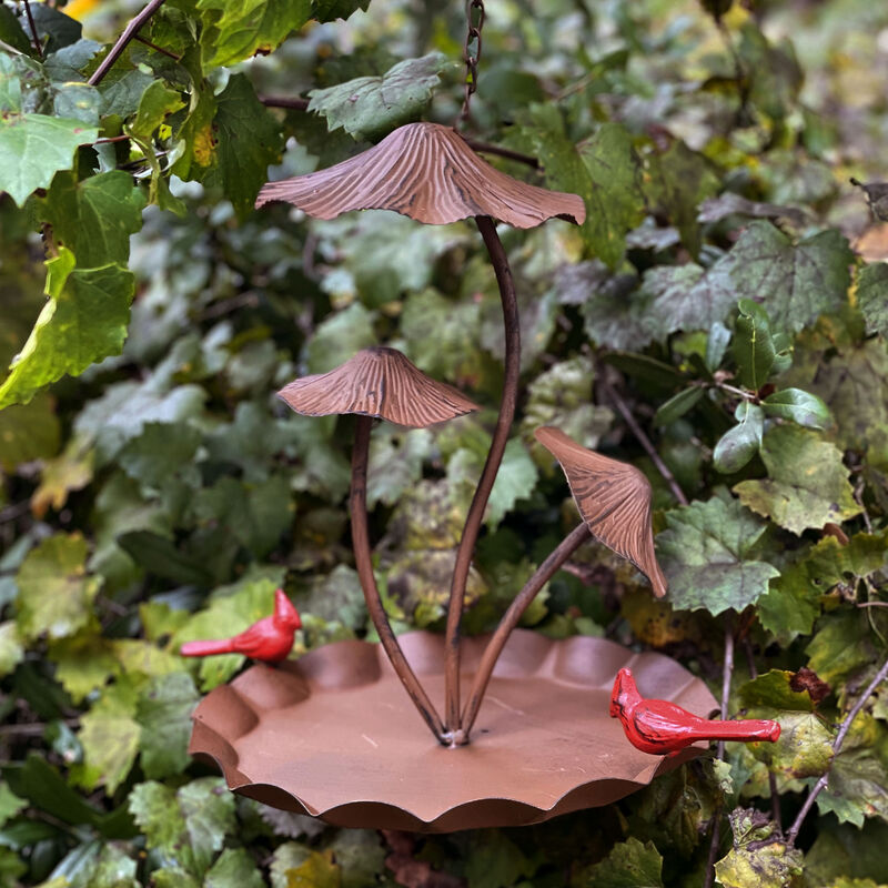 Rustic Brown Triple Mushroom Bird Feeder &ndash; Pie Plate Tray, Farmhouse Decor image number 6