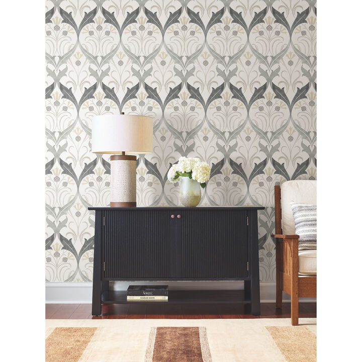 Pine Cone Ribbon Charcoal Metallic Wallpaper