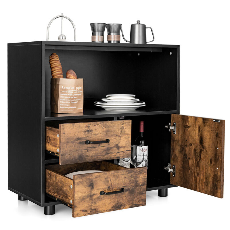 Kitchen Storage Buffet Sideboard with Wine Rack and Glass Holder-Black