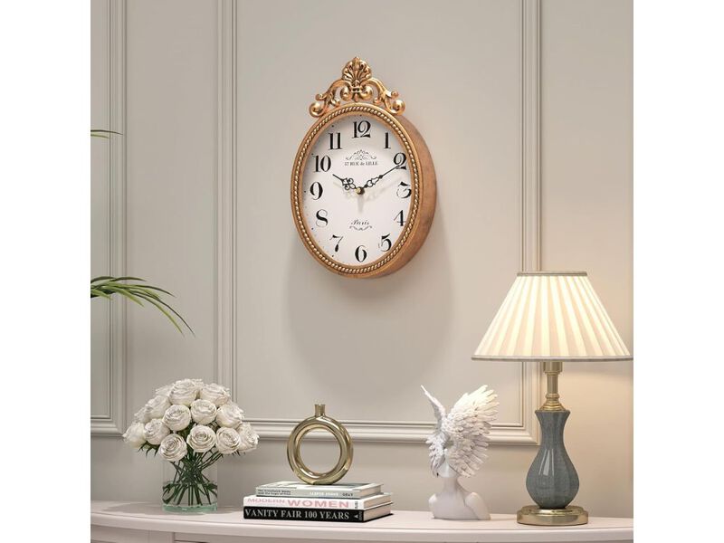 Small French Retro Wall Clock Antique Gold Vintage Oval Boho Deco image number 1