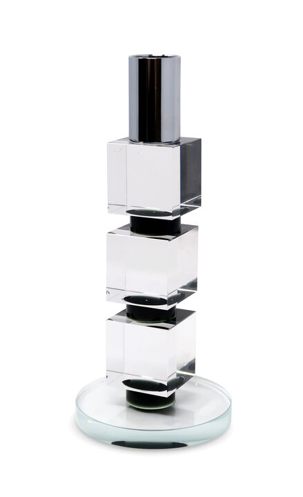 HomeRoots 7" Silver Clear And Black Block And Cylinder Crystal Tabletop Taper Candlestick