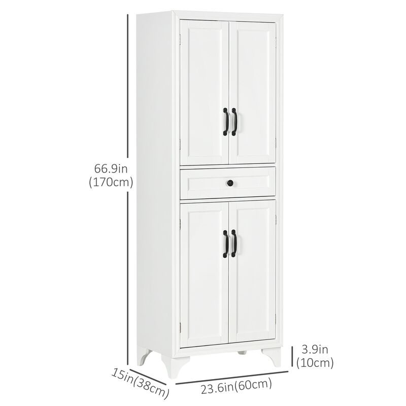White Dining Storage: 67" Kitchen Pantry Cabinet with 4 Doors & Drawer