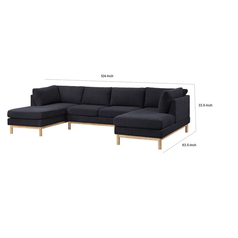 Hle 124 Inch Wide Sectional Sofa Double Chaise, U Shape, Black Sherpa, Wood