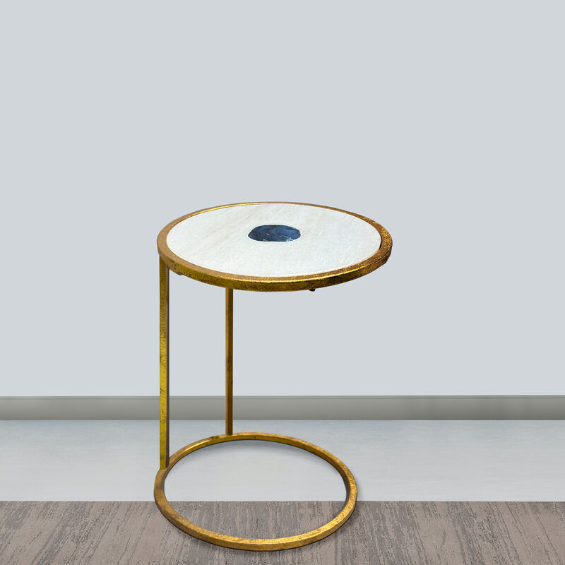 20 Inch Round Side End Table, White Marble Top with Blue Agate Stone Inlay, Gold Foil Finish Iron Frame