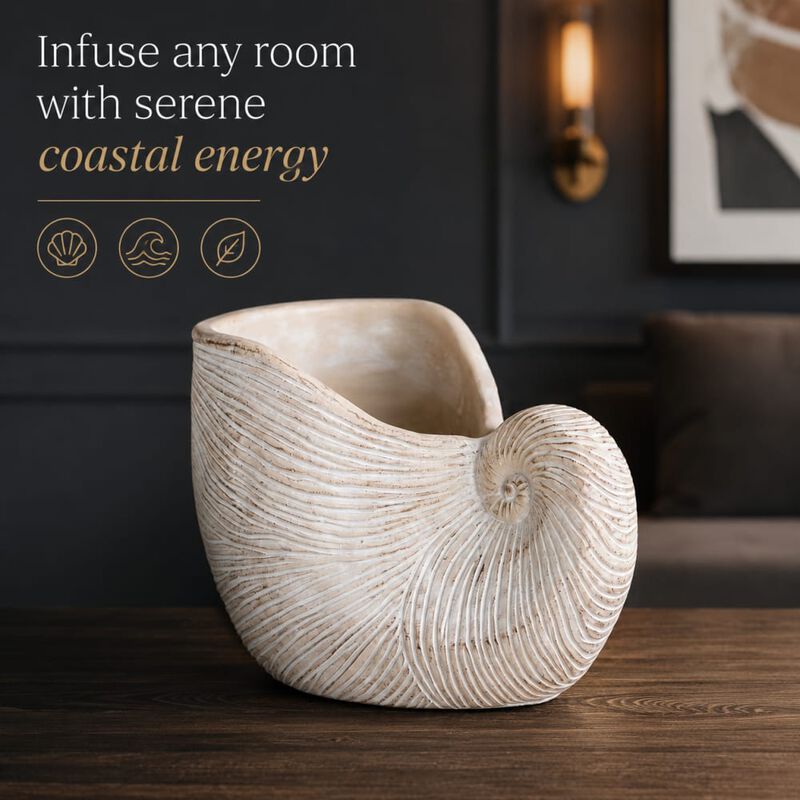 WOW PIONEER Decorative Sand and Cement Nautilus Shell Planter with Textured Beige Finish - 11.5x6.7x7.7 Inches for Coastal Decor image number 4