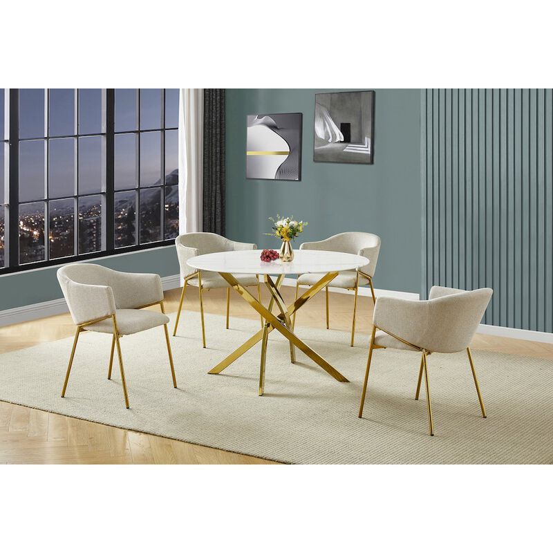 Best Quality Furniture Round Marble Wrap Tempered Glass Dining Table With 4 Linen Beige Side Chairs