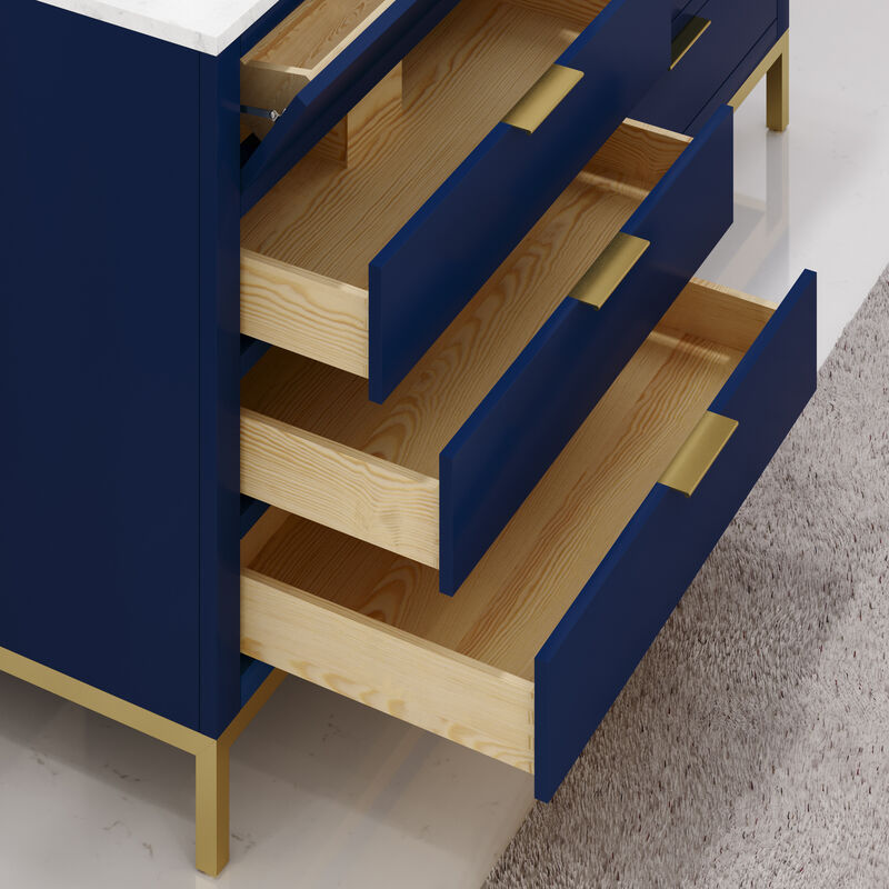 Bristol 60 In. Double Sink Carrara White Marble Countertop Bath Vanity in Monarch Blue