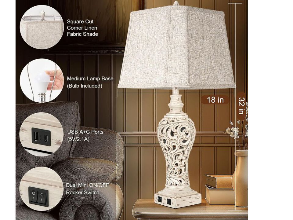 32" Tall Table Lamps &ndash; Set of 2 with USB, Nightlight & Fabric Shades