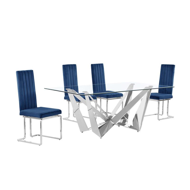 5pc Small(78") glass dining set with silver base and 4 Navy blue side chairs