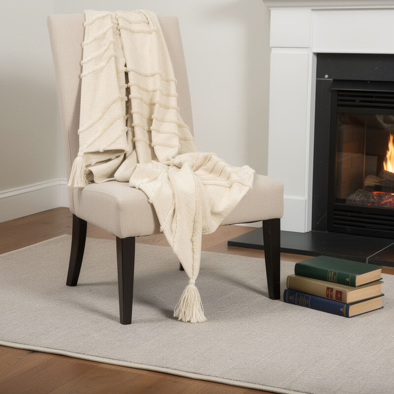 HomeRoots 50" X 60" Natural Cotton Woven Geometric Throw Blanket with Tassels image number 1