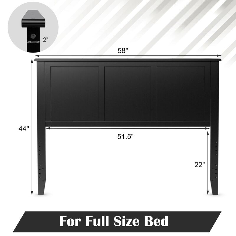 Full Wood Headboard Flat Panel with Pre-drilled Holes and Height Adjustment-Black