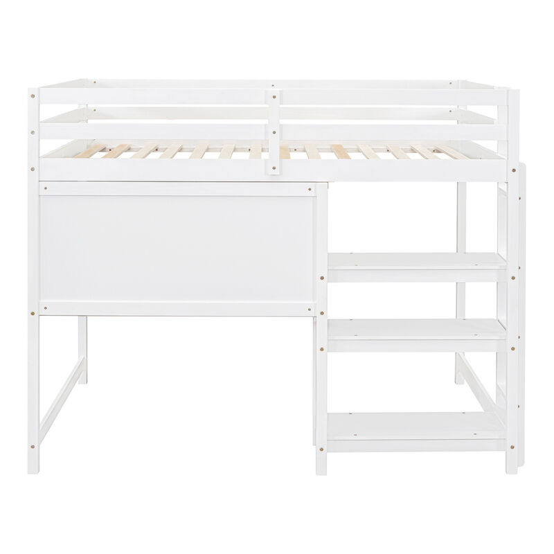 Full Size Wooden Loft Bed with Shelves, Desk and Writing Board - White