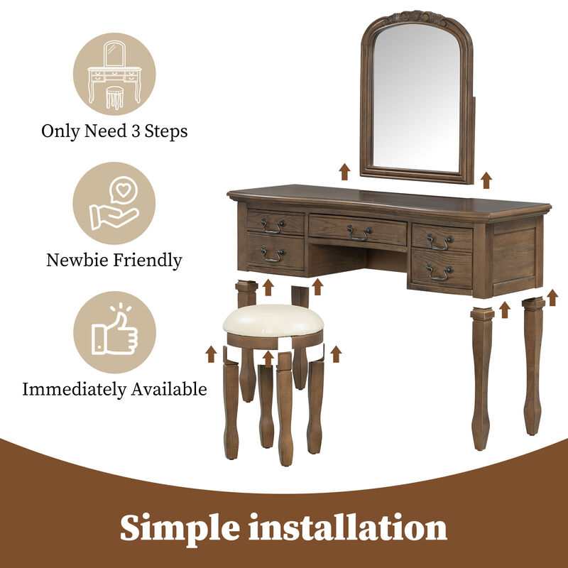 Merax 5-Drawer Vintage Vanity Table with Floral Carvings, Espresso Finish, Antique Metal Hardware image number 3
