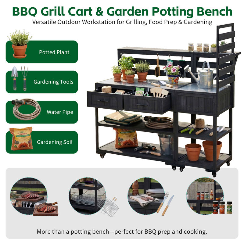 Merax Fir Wood BBQ Prep Cart & Potting Bench with Stainless Top image number 2