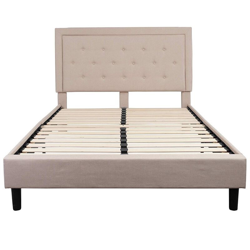 Hivvago Queen Beige Upholstered Platform Bed Frame with Button Tufted Headboard