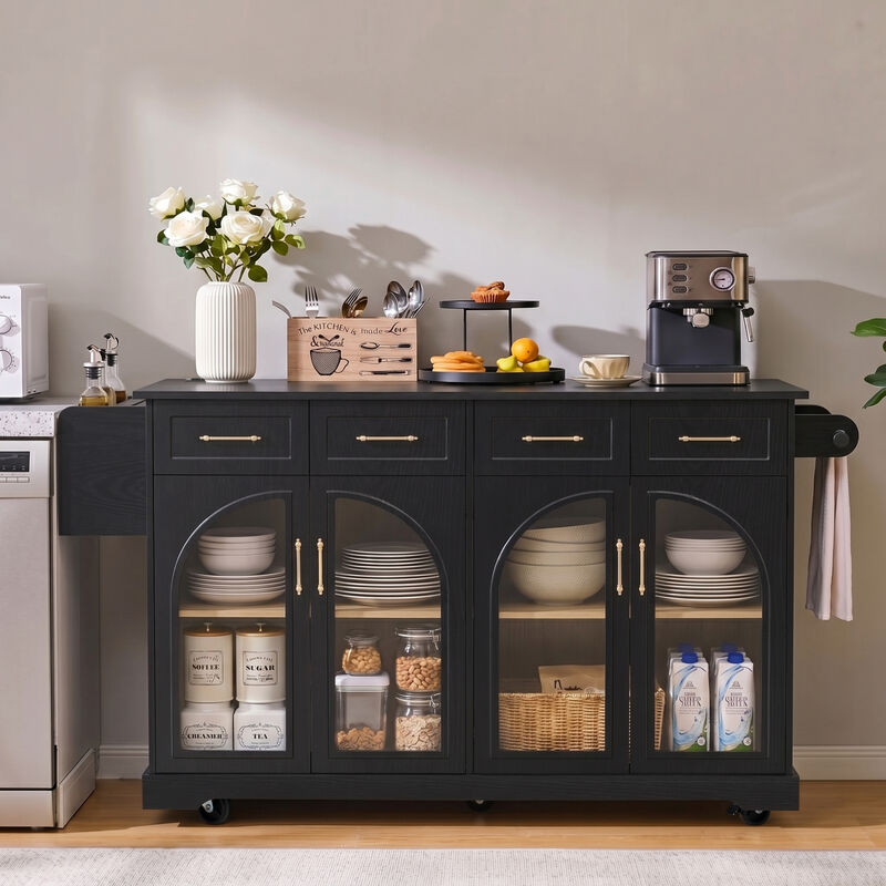 Merax Rolling Kitchen Island with Arched Tempered Glass Display Cabinets, Adjustable Shelves image number 2