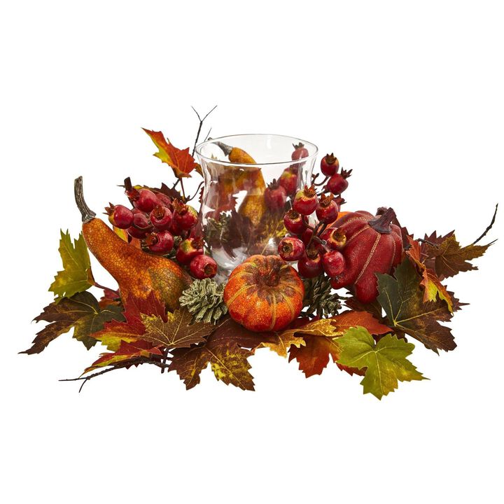 Nearly Natural 16-in Pumpkin, Gourd, Berry and Maple Leaf Artificial Arrangement Candelabrum