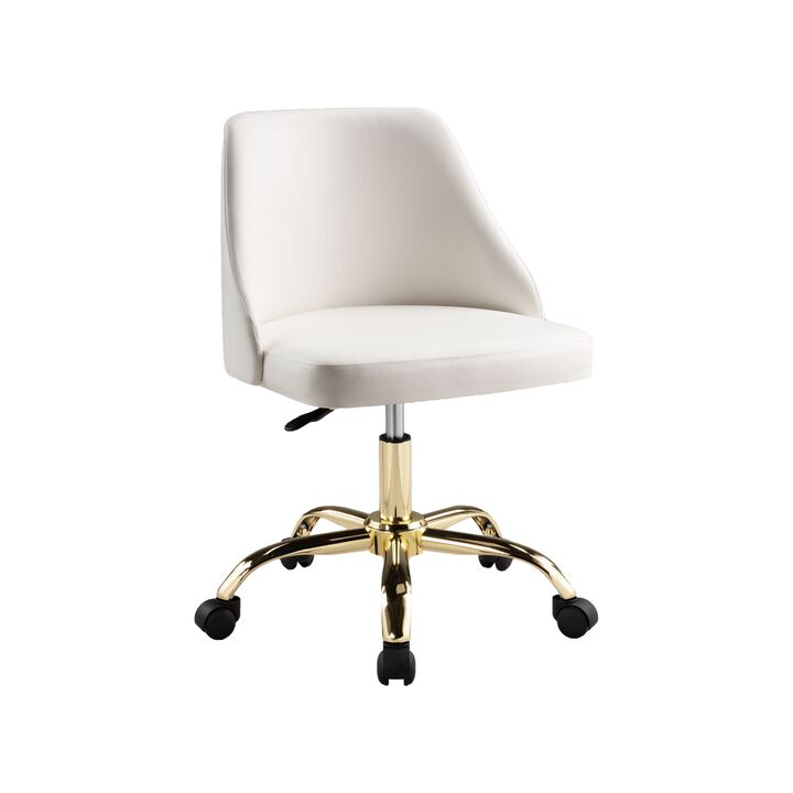Yim 22 Inch Adjustable Swivel Office Chair, White Faux Leather, Gold Metal - Benzara